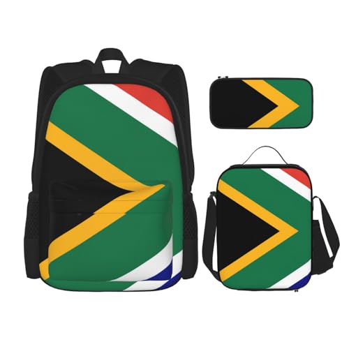 WURTON Schulterrucksack, Motiv: südafrikanische Flagge, 3-in-1, Büchertaschen-Set, Lunchbox, Federmäppchen, Reise-Laptop, Tagesrucksäcke, Schwarz, Einheitsgröße, Schwarz, Schwarz , Einheitsgröße