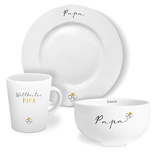 mintkind® Geschirr Set Weltbester Papa : Kaffeetasse mit Teller und Schale - in weiß mit Echtgold-Dekor - Tolle Geschenke für Papa von Tochter und Sohn