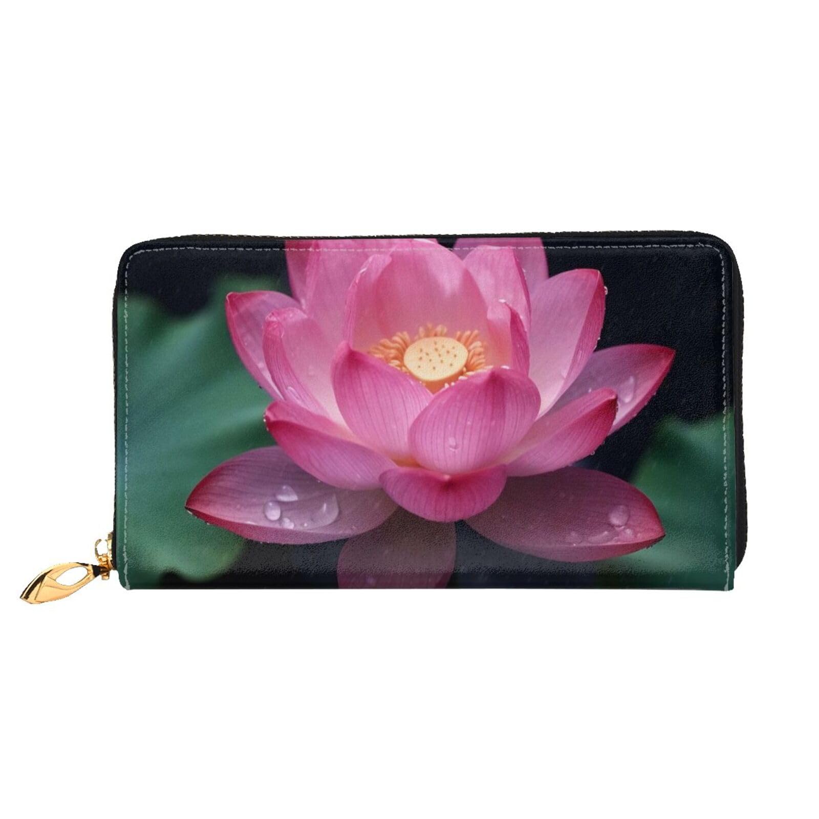 DENMER Lila Blume Leder Geldbörse Kunstleder mit metallischem Reißverschluss geräumiges und stilvolles Accessoire für moderne Frauen Produkt, Lotusblüte, Einheitsgröße, Modern