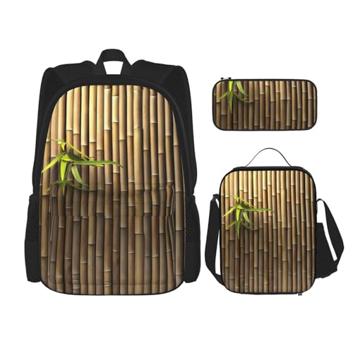 WURTON Frühlingsrucksack-Set mit Bambus-Druck, Schultasche mit Lunchtasche, Federmäppchen, Kombination, Schultaschen-Set