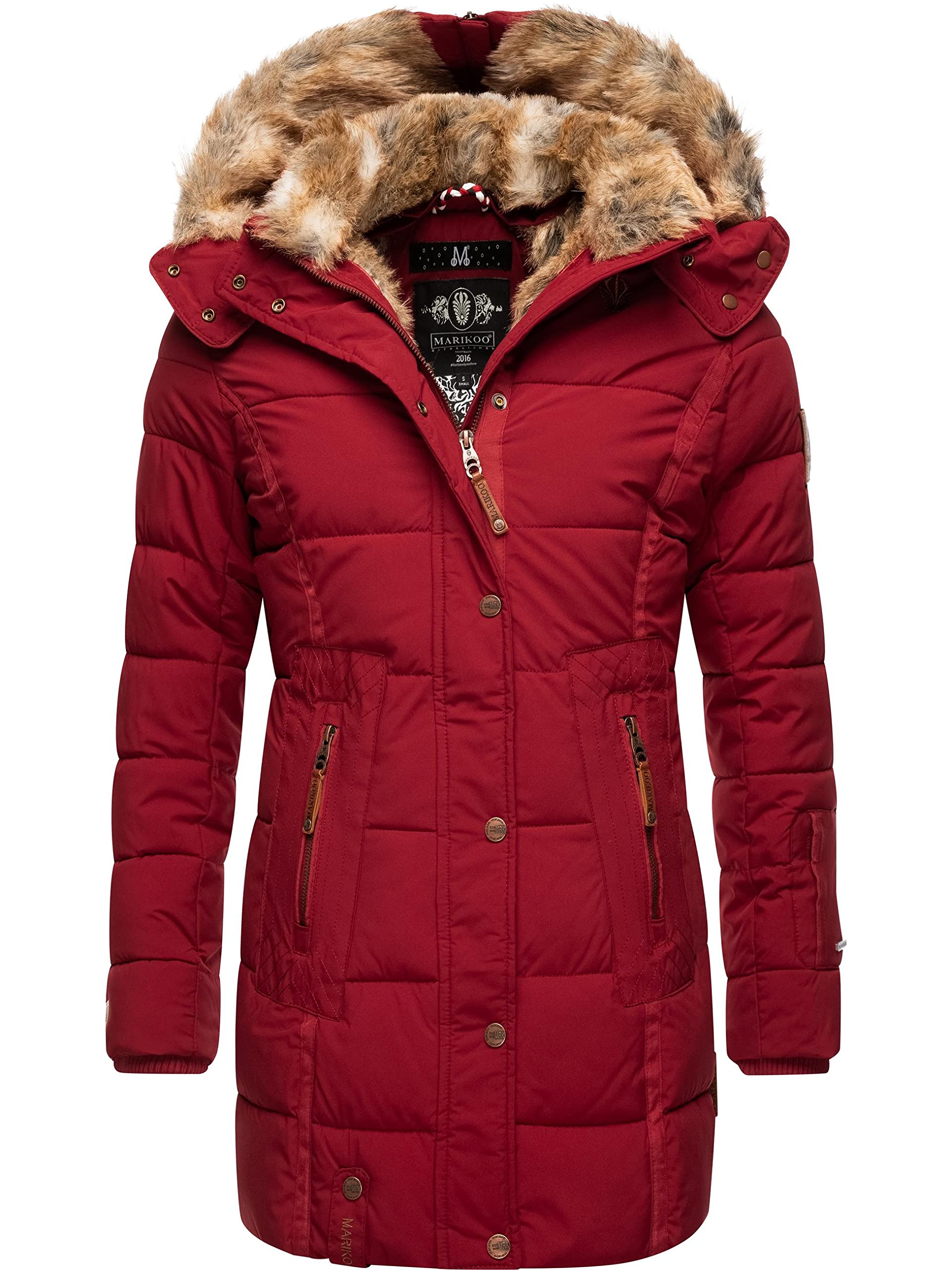 MARIKOO Damen Warmer Winter Steppmantel mit Kapuze Lieblings Jacke Blood Red Gr. M