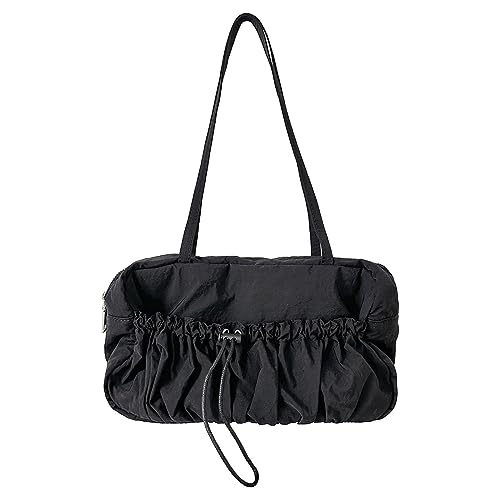 ohodhmnu Damen Tragetasche, modische Tasche, Achseltasche, Handtaschen, Schultertaschen für Mädchen, Frauen, plissierte Taschen, Reise-Tragetasche, Geldbörse, Unterarmtasche, Schwarz , with ribbon