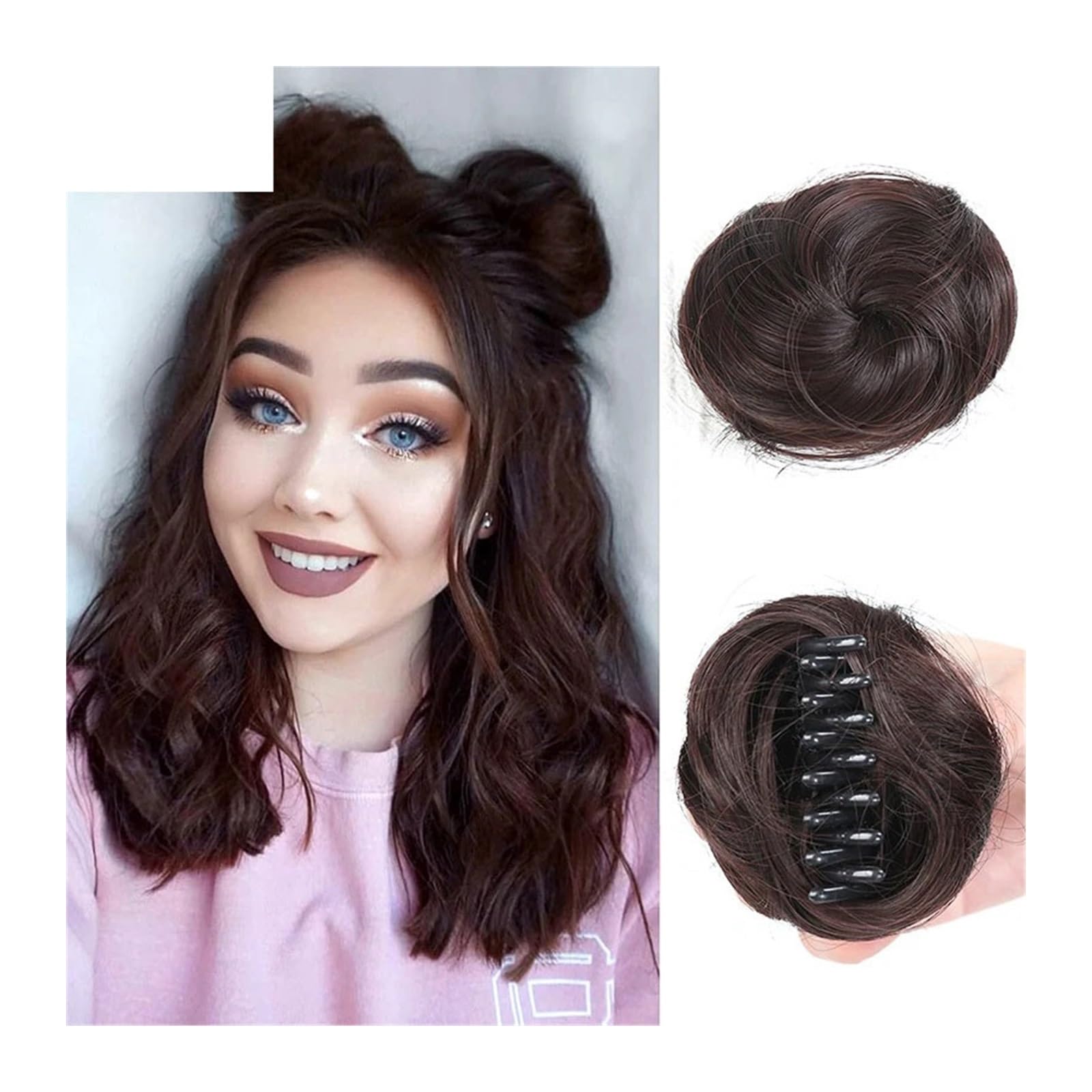 Haarteile Haarknoten Space Bun Kunsthaarteile, 2 Stück, Mini-Klauenclip, unordentlich und Katzenohren, künstliche Haarknotenverlängerungen, Perückenzubehör, Haarteile Brötchen Haare(Dark brown)