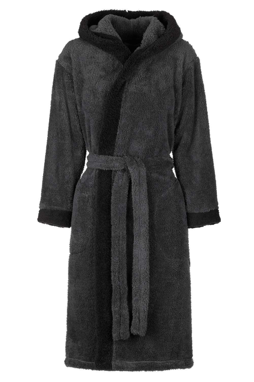 Di Ficchiano Unisex Herren Damen Bademantel mit Kapuze I Morgenmantel flauschig I Nachtwäsche aus edler Mikrofaser I Kimono Farbe: Grey/Black, Gr. S