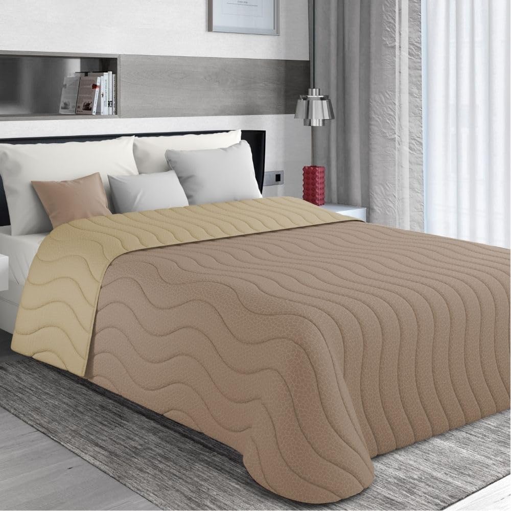 MAXIME MAISON - Tagesdecke 215x265 cm Beige/Tortora Wendedesign, Tagesdecken FHerbst/Frühling (100 gr/mq) Steppdecke Unterfüttert, Gesteppt, Weiche Mikrofaser, Made in Italy