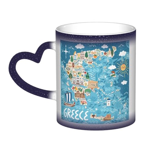 WURTON Keramiktasse mit Griechenland-Karten-Druck, wärmeempfindlich, Farbwechsel-Tasse im Himmel, Geburtstagsgeschenk, einzigartiges Geschenk