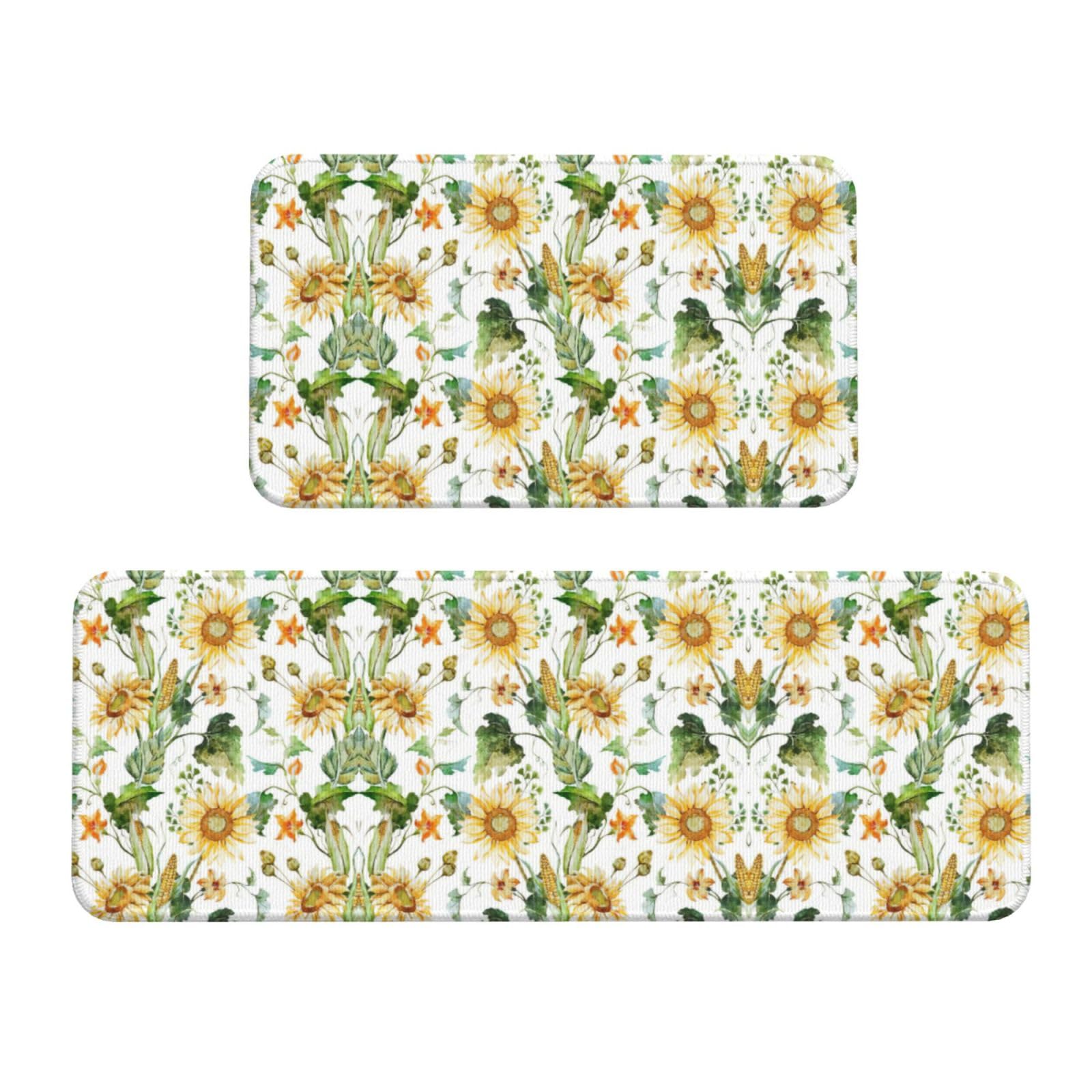 YQxwJL Küchenmatte mit Sonnenblumen- und Mais-Druck, 2-teilig, Küchenteppich-Set, rutschfest, wasserdicht, für Küche, Flur, Büro