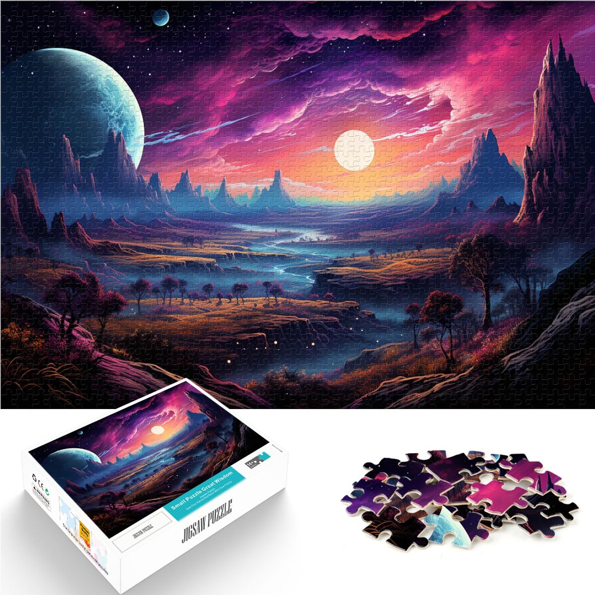 Puzzle für farbenfrohe, psychedelische Doppelplanetenlandschaft, Puzzle für Erwachsene, 1000-teiliges Puzzle, Holzpuzzle, anspruchsvolles Spiel, 1000 Teile (50 x 75 cm)