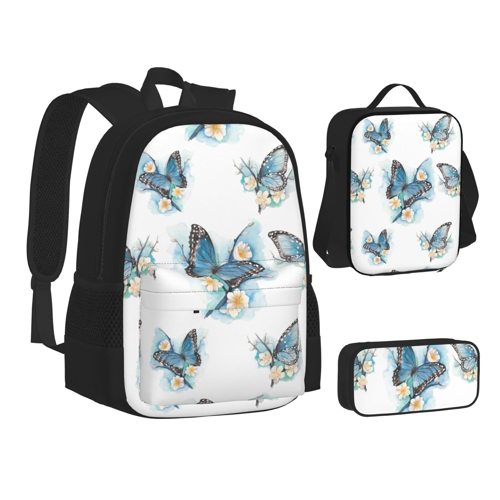 WURTON Rucksack, Lunchbox-Set, Motiv: blauer Schmetterling auf Blüten, 3-in-1-Rucksack und Federmäppchen, passende Kombination, Schwarz, Einheitsgröße