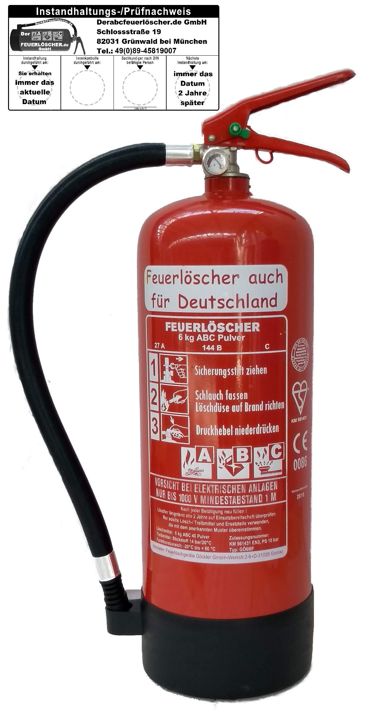 Brandengel® Feuerlöscher 6kg ABC Pulver Brandklasse ABC, EN3, Manometer, Messingarmatur + Sicherheitsventil, Pulverlöscher mit Kunststoffstandfuß Ohne Wandhalter (Mit Prüfnachweis U. Jahresmarke) Büro