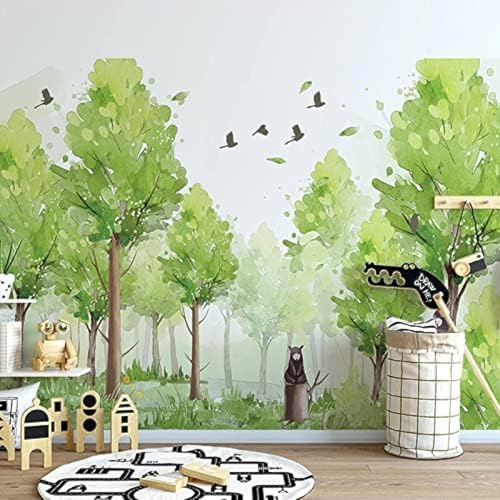 XLMING Handgemaltes Waldgrün Bäume Vögel Kinderzimmer Kinderzimmer 3D Tapete Wohnzimmer Sofa Schlafzimmer Esszimmer Home Dekoration Wand-300cm×210cm