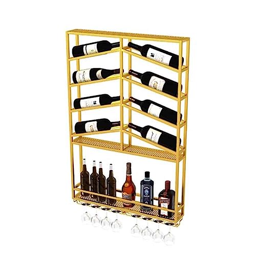 BFVAKBKYT Hängende industrielle runde Weinregale, An der Wand montiertes Weinflaschenregal mit LED, Spirituosenregal aus Eisen mit Glashalter for die Hausbar, Esszimmer, Küche(Gold)