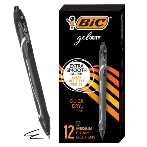 BIC Gel-ocity Quick Dry Gelschreiber, einziehbar, mittlere Spitze, 0,7 mm, schwarzer Schaft, schwarze Tinte, 12 Stück