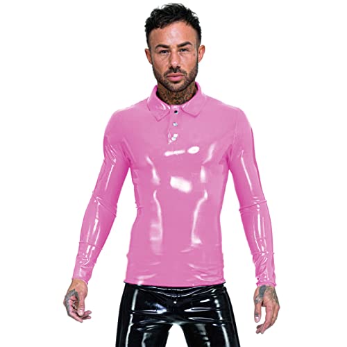 PVC Herren Shirts Stil Nachtclub Tops Umlegekragen Langarm T-Shirt Tees Glänzende Kunstlatex Tops, Rosa, Maßanfertigung