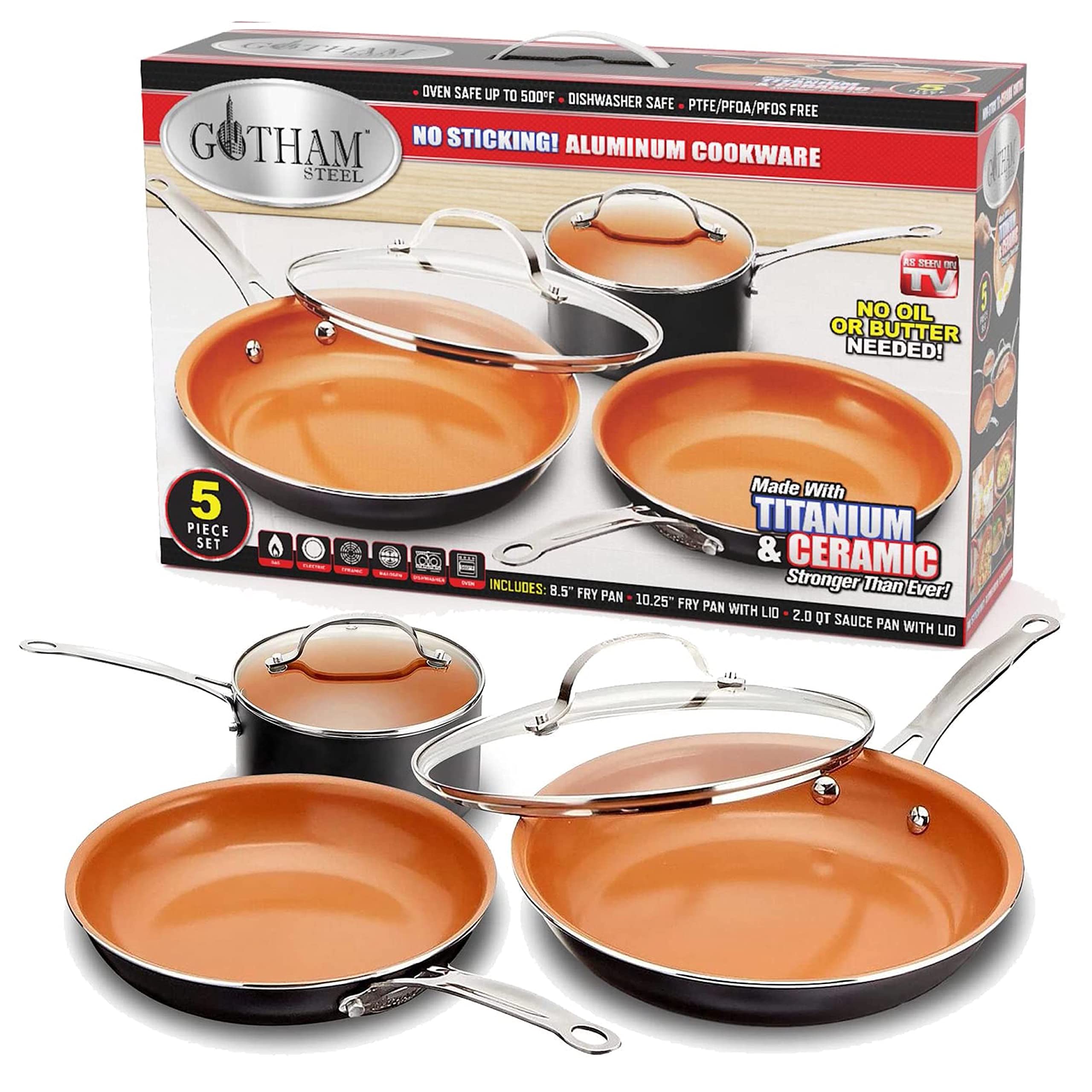 GOTHAM STEEL 5-teiliges Kitchen Essentials Kochgeschirr-Set mit Ultra-antihaftbeschichteter Kupferoberfläche, spülmaschinenfest, Cool-Touch-Griffen - inklusive Bratpfannen, Stock Pot, und Glasdeckel