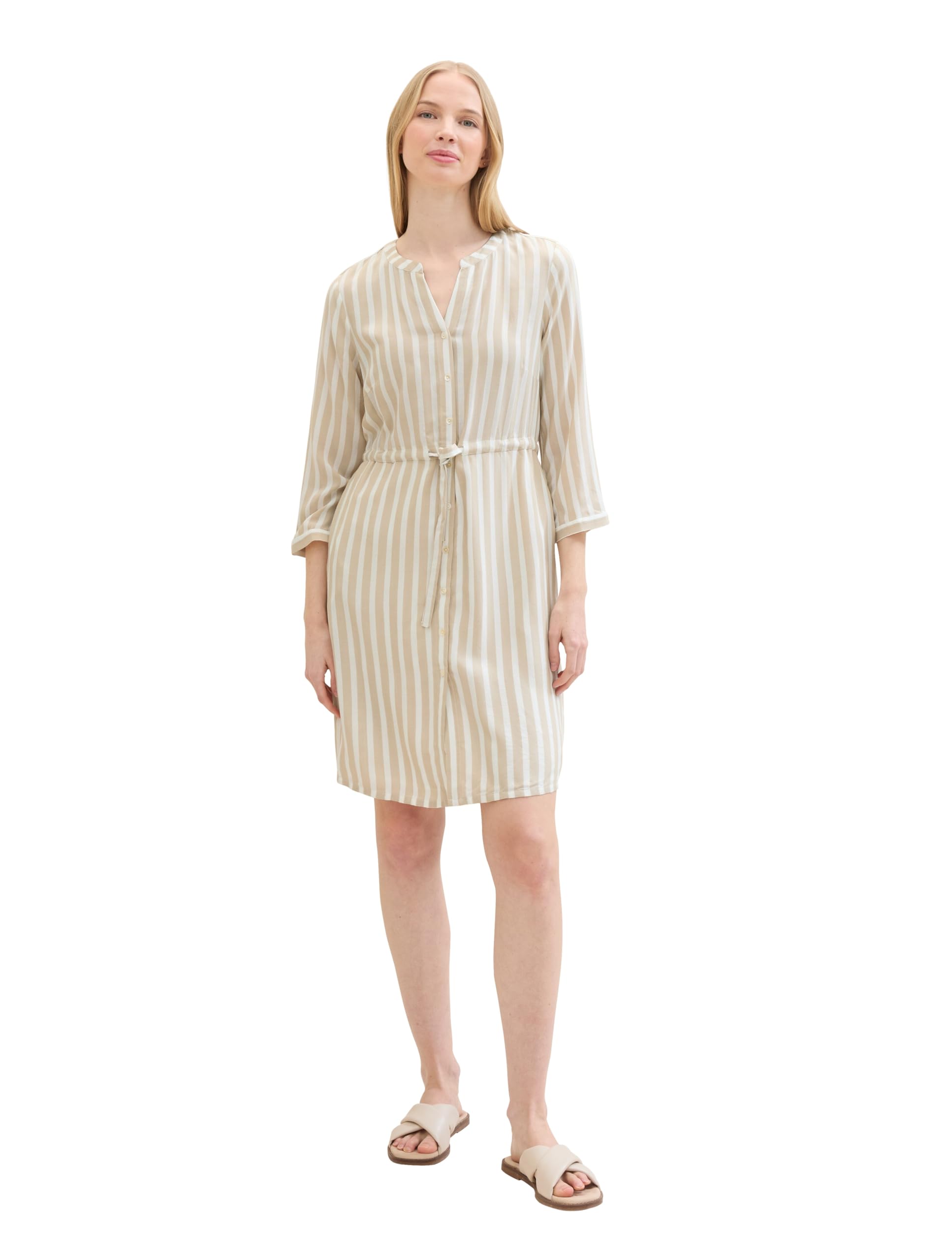 TOM TAILOR Damen Kleid mit Streifen & Bindegürtel, beige offwhite stripe, 46