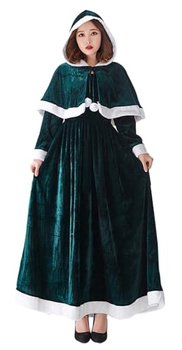 トクとユウ Mrs. Claus Weihnachtsmann-Kostüm, Plüsch, langes Kleid, langärmeliges Kleid mit Schal, für Damen, Weihnachtsfeier-Kleider (Grün, M)