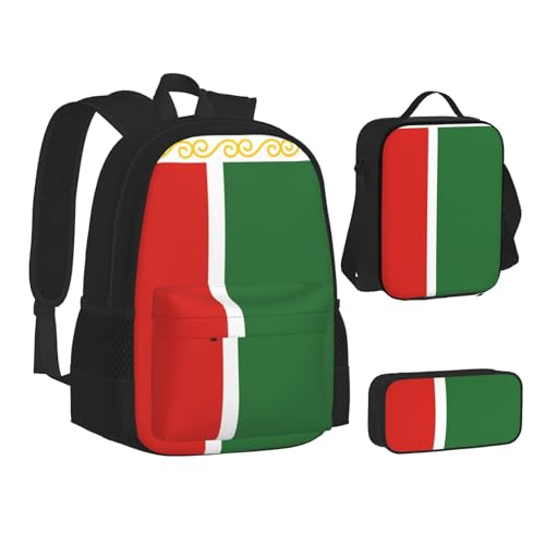 WURTON Lunchbox-Set, Motiv: Flagge der Tschetschenischen Republik, Rucksack, 3-in-1-Rucksack und Federmäppchen, passende Kombination, Schwarz, Einheitsgröße, Schwarz, One Size