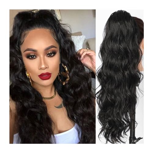 Pferdeschwanzverlängerung Body Wave for Frauen, langer, gewellter Pferdeschwanz, Echthaar, Kordelzug, Clip-in-Haarteil, schwarze Wellenverlängerung, afroamerikanischer Pferdeschwanz Pferdeschwanz-Haar