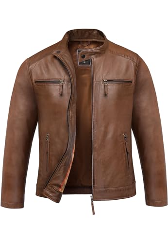 Amaci&Sons Herren Echtleder Jacke Biker Zipper Lederjacke 9108 Cognac 3XL