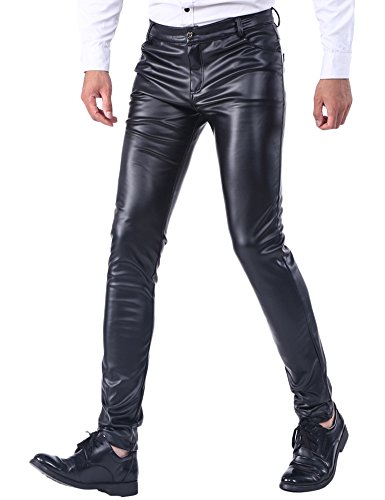 Idopy Sommer dünne Winter Dicke Herren Business Slim Fit Kunstleder Hosen Jeans Lederjeans Dick (Black, 34W/30L)