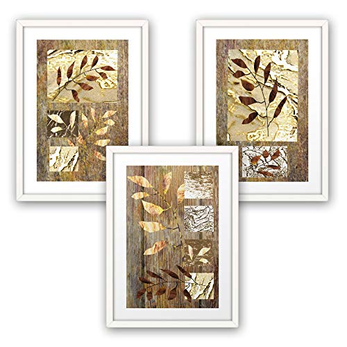 3-teiliges Premium Poster-Set | Kunstdruck | Goldene Zweige | Deko Bild für Ihre Wand | optional mit Rahmen | Wohnzimmer Schlafzimmer Modern Fine Art | DIN A4 / A3 (A4, weißer Rahmen)