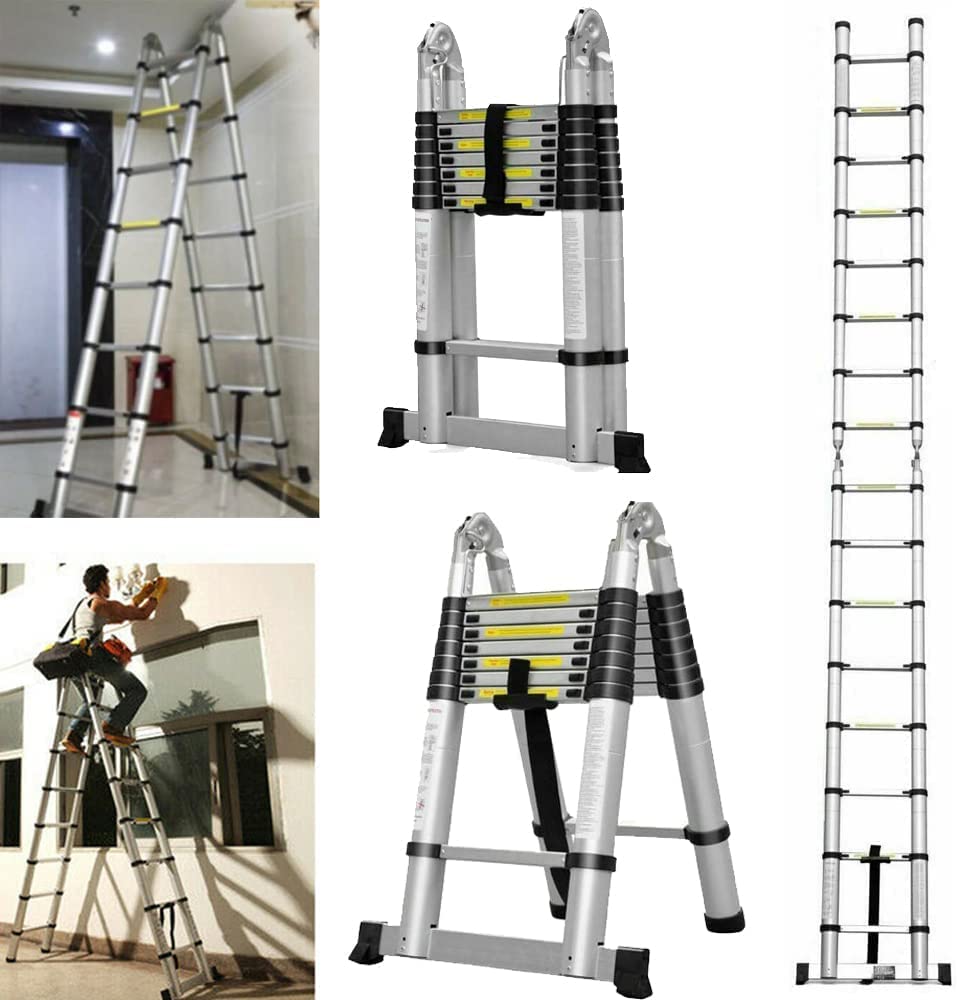 RASOANOA Teleskop-Ausziehleiter 16,5 Fuß, professionelle gerade Leiter, Aluminium-Teleskopleiter mit abnehmbaren Haken, Mehrzweck-Teleskopleiter für Zuhause, Büro, drinnen und draußen, Ambitious