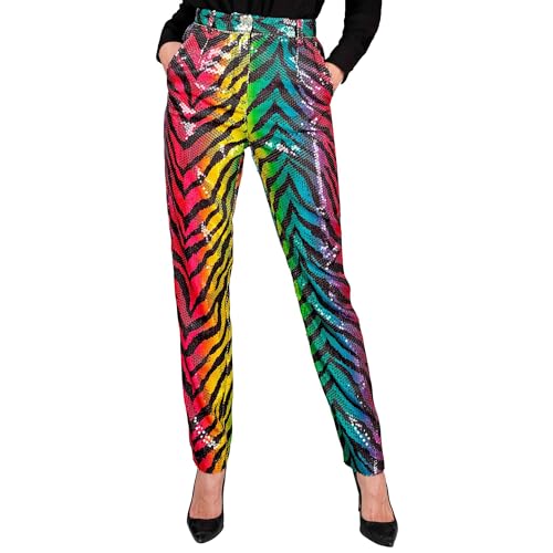 Widmann - Party Fashion Paillettenhose für Damen, Regenbogen, Tigermuster, Disco Fever, Schlagermove, Damenhose