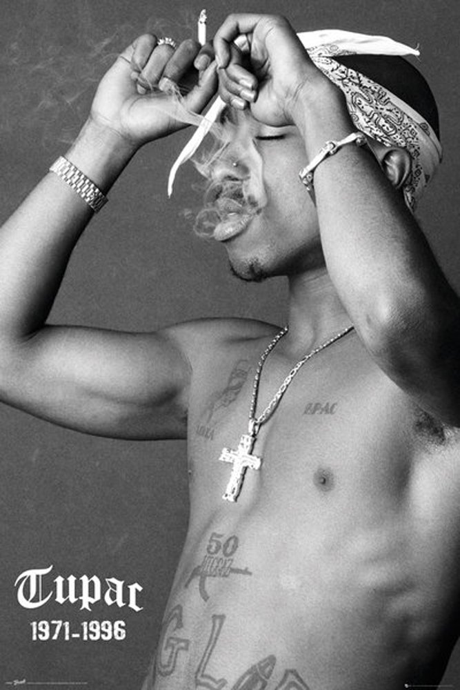 2pac - Smoke - Musikposter Tupac Shakur Rap Hiphop 2Pac RIP Gangsta - Grösse 61x91,5 cm + 2 St Posterleisten Kunststoff 62 cm schwarz