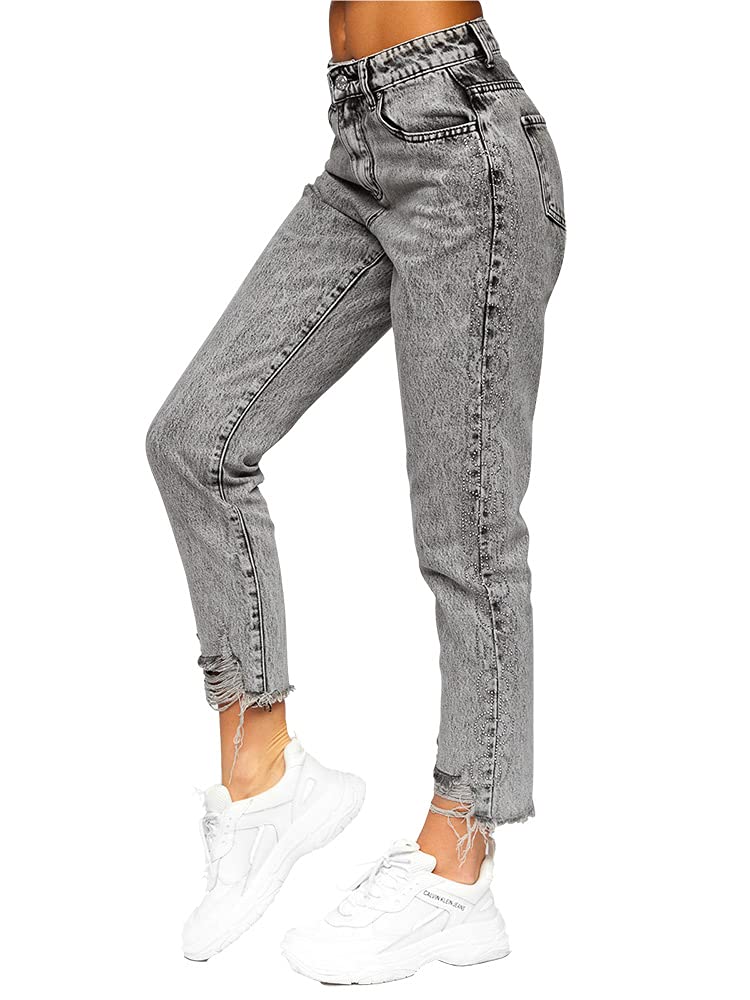 BOLF Damen Jeanshose Jeans Used Look Jeanspants Destroyed Denim Style Regular Fit Narrow Leg Freizeit Casual Style Y984 Grau M [F6F]