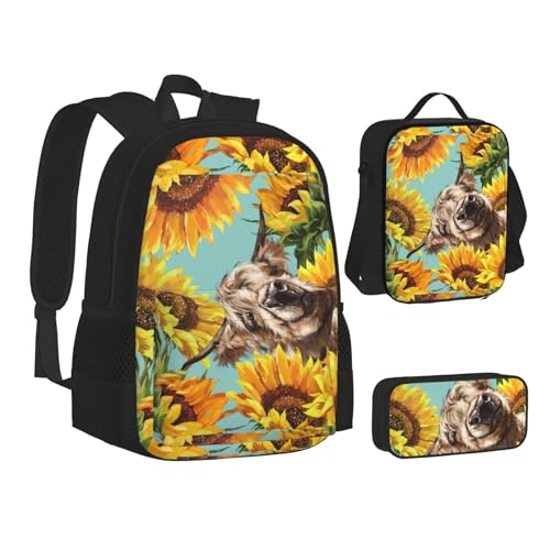 WURTON Rucksack für Teenager, Kuh mit Sonnenblumen in Blau, 3-in-1 (Federmäppchen + Schultasche + Lunchtasche)