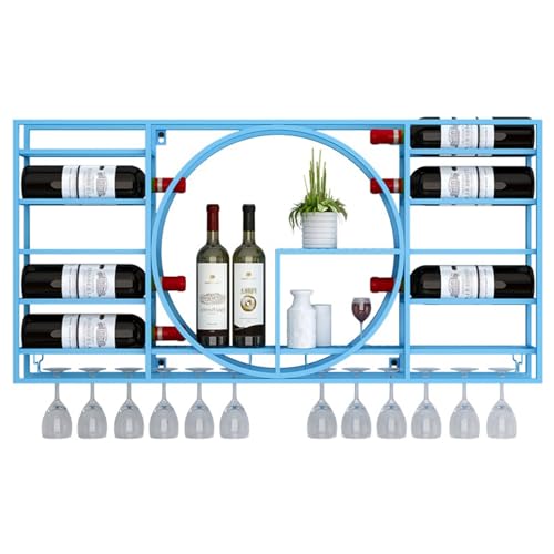 BFVAKBKYT Hängende industrielle runde Weinregale, Weinhalter aus Eisen, moderner multifunktionaler Weinhalter aus Metall for die Küche, das Zuhause, die Bar oder das Café(Blue,90x42x11cm/35x16x4.3in)