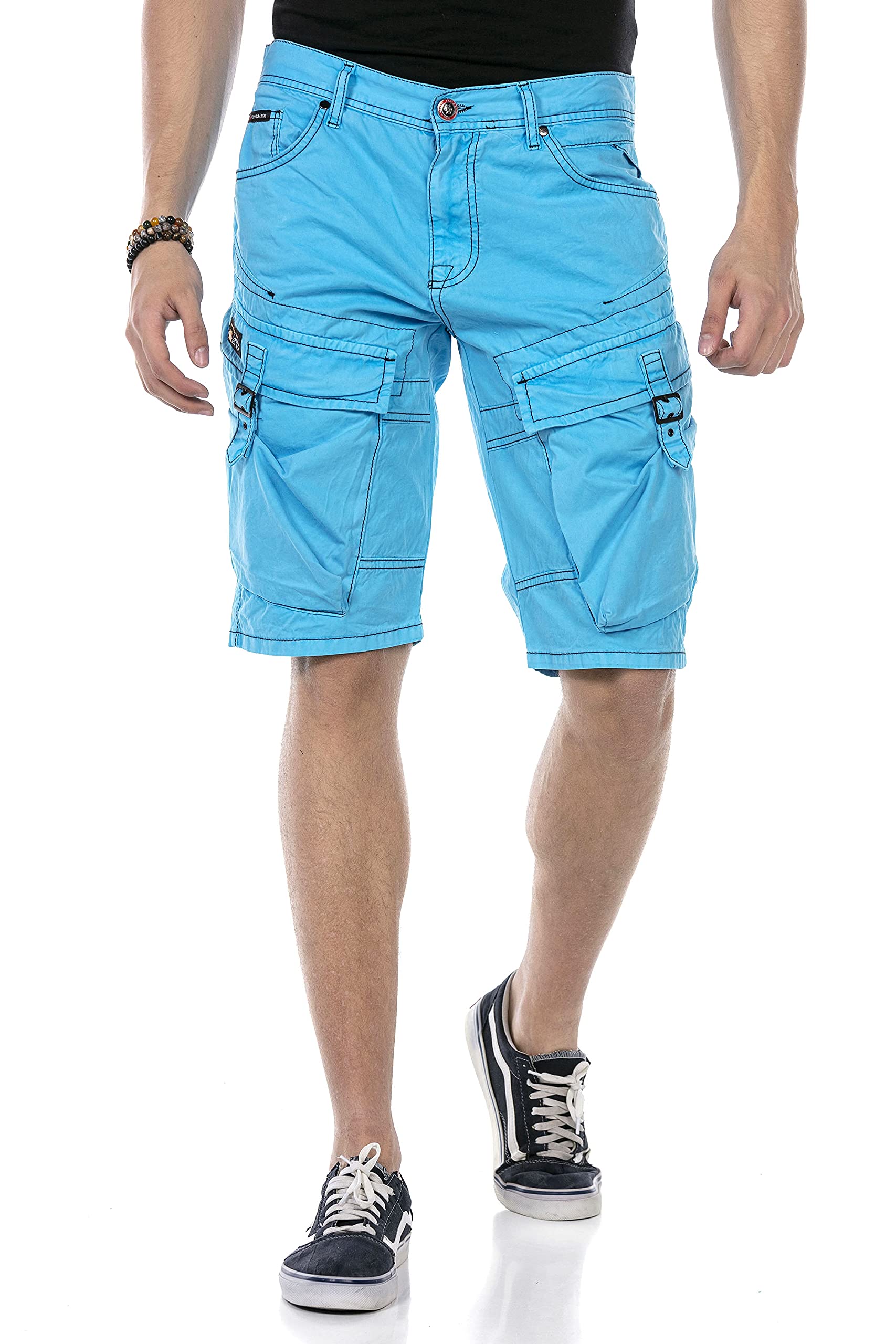 Cipo & Baxx Herren Shorts Capri Kurze Hose Denim Jeans Cargo Kontrastnähte CK229 Hellblau 40