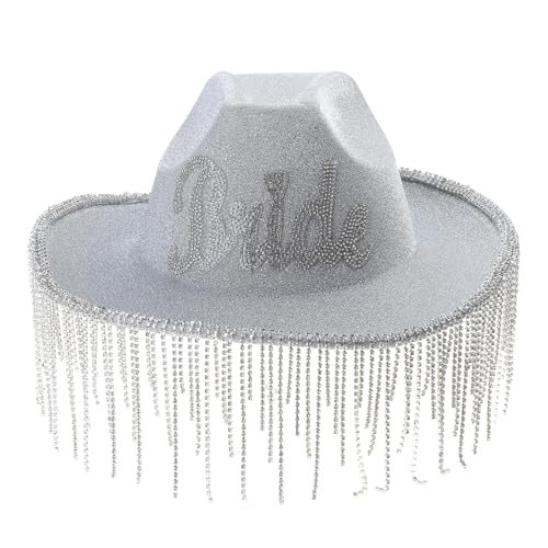 MULAIDI Eleganter Cowgirl-Hut für Brautparty, weißer Cowgirl-Hut, Junggesellinnenabschied, schimmernde Quasten, Cowgirl-Hut, breite Krempe, Geschenk für Junggesellinnenabschied