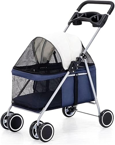 Haustier-Kinderwagen für kleine Hunde, zusammenklappbarer Kinderwagen, 4 Räder, Reise-Kinderwagen, Hunde- und Katzen-Kinderwagen, maximale Belastung: 15 kg, Blau