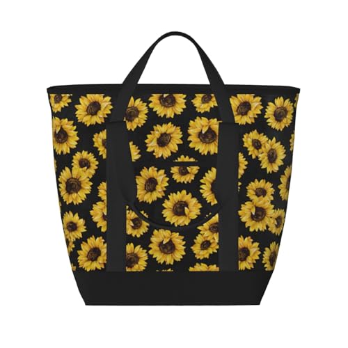 YQxwJL Goldene Sonnenblumen-Aufdruck, große Kapazität, isolierte Lunchtasche, wiederverwendbare Einkaufstasche mit Reißverschluss für Damen und Herren