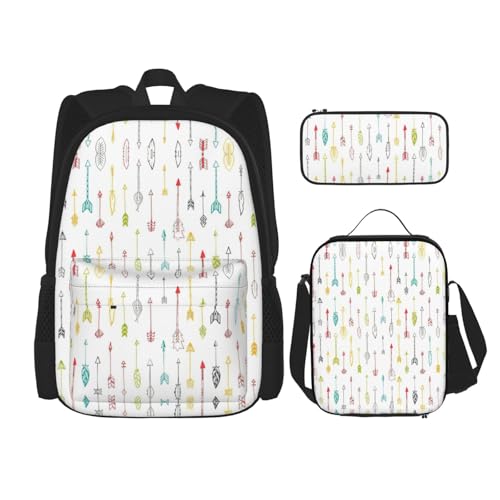 WURTON Bunte handgezeichnete Kunst mit Boho-Stil Pfeil-Druck, Schulrucksack, 3-in-1-Büchertaschen-Set mit Lunchbox, Federmäppchen, Reise-Laptop, Tagesrucksäcke