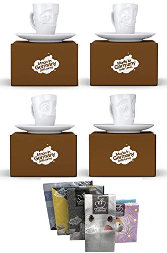 Fiftyeight Espressotassen / Mugs 4er Set + SERVIETTEN, 80 ml, VERSCHMITZT & VERGNÜGT & VERDUTZT & LECKER