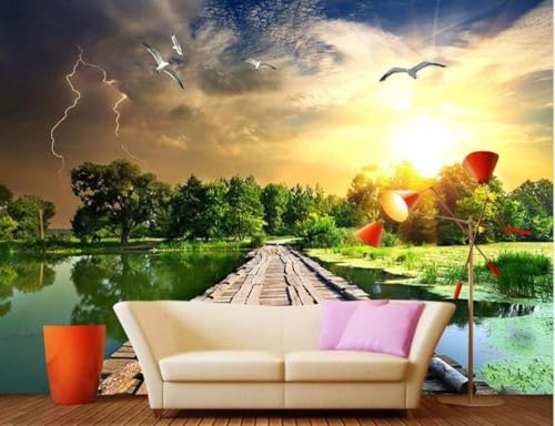 Der Wald Der Teich Die Uferpromenade Der Himmel Die Sonne 3D Tapete Poster Restaurant Schlafzimmer Wohnzimmer Sofa TV Dekorative Wand-300cm×210cm