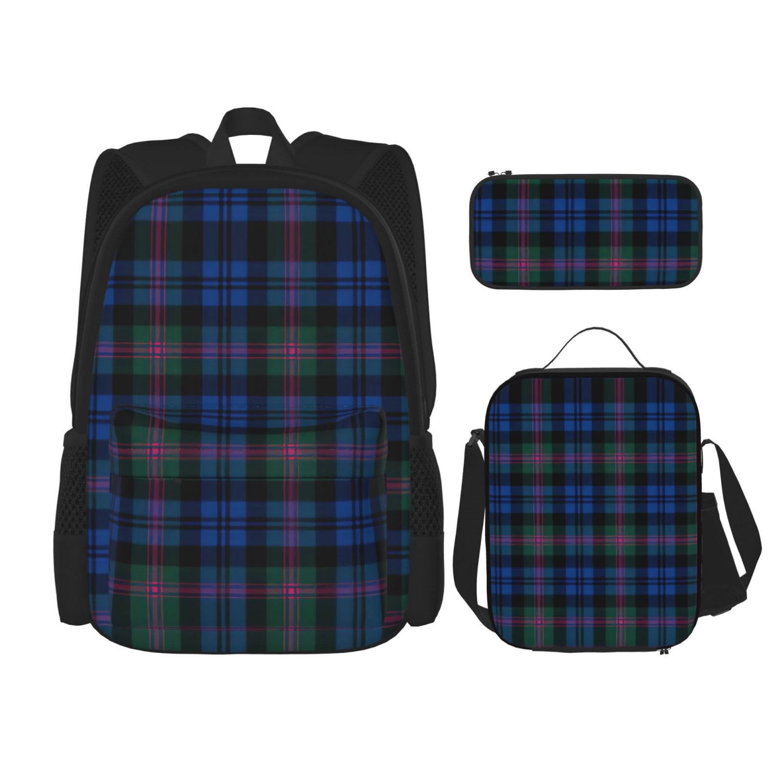 WURTON Rucksack-Set, Motiv: Schottenkaro, verstellbare Schultergurte, Rucksack, Lunch-Tasche, Federmäppchen, Kombinationstaschen, Blau und Grün