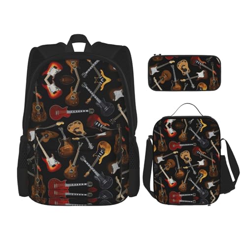 WURTON Schulrucksack-Set mit Gitarren-Aufdruck, 3-in-1-Büchertaschen-Set mit Lunchbox, Federmäppchen, Reise-Laptop-Tagesrucksäcke