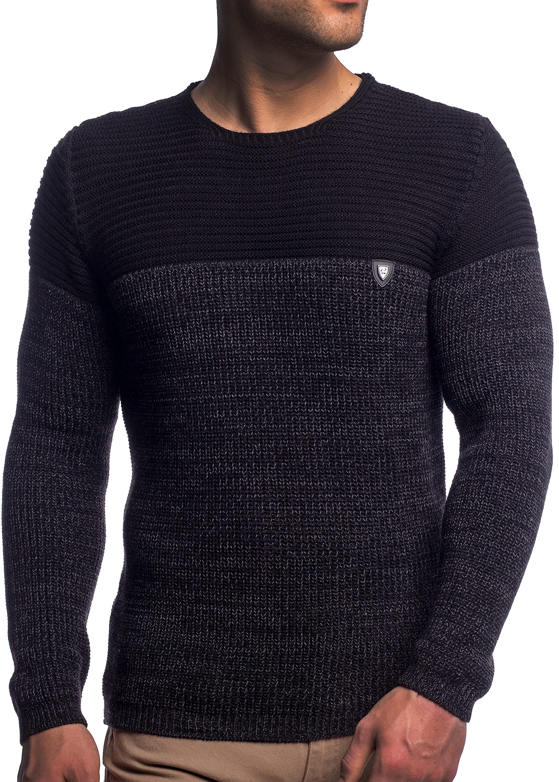 Herren Strick-Pullover Rundhals mit Logopatch | Männer Winter-Pullover |stylischer Herren Strick-Pulli | warmer Männer Pulli Grobstrick| Herren Basic Longsleeve Sweatshirt sweater K-114 Black 5XL