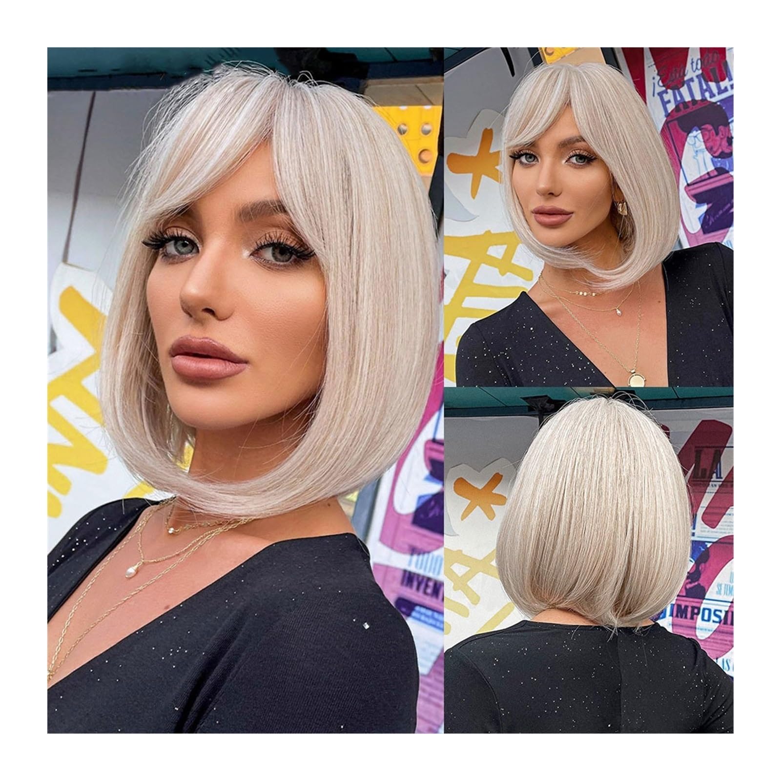 Perücken für Frauen Kurze gerade weiße blonde Bob-Perücken mit Pony, Pixie-Schnitt, synthetische Perücke for Frauen, hitzebeständige Fasern, Cosplay, Lolita-Haar für die Tägliche Party Cosplay Tragen