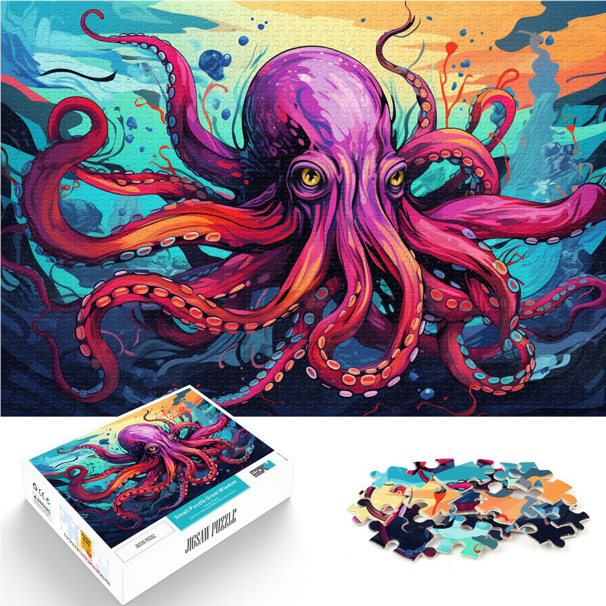 Puzzle für farbenfrohen psychedelischen Oktopus, Puzzle für Erwachsene, 1000 Holzpuzzles, schwierige und schwere Puzzles für Frauen und Männer, 1000 Teile (50 x 75 cm)