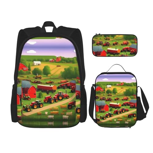 YQxwJL 3-in-1-Rucksack-Büchertaschen-Set, Sonnenblumen-Halloween-Totenkopf-Druck, lässiger Reiserucksack, mit Federmäppchen, Lunchtasche, Traktor Farm, Einheitsgröße