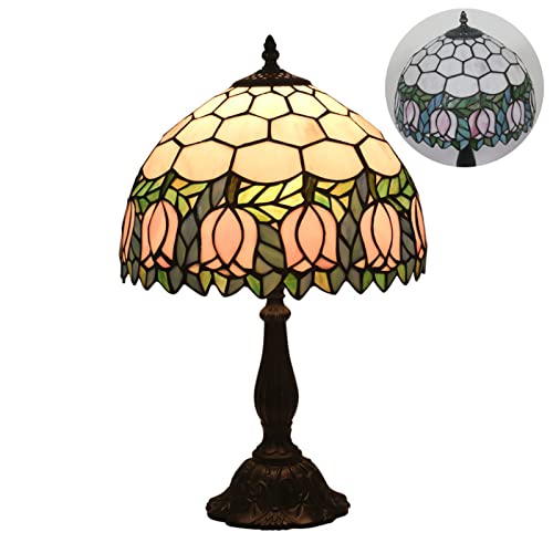 Uziqueif Vintage Tiffany Style Tischlampe W12 H19 Zoll, E27 Handcraft Sonnenblume/Tulpe/Rose Glasmalerei Lampenschirme Tischlampen für Schlafzimmer Wohnzimmer Nachttischlampe Office,Tulip A