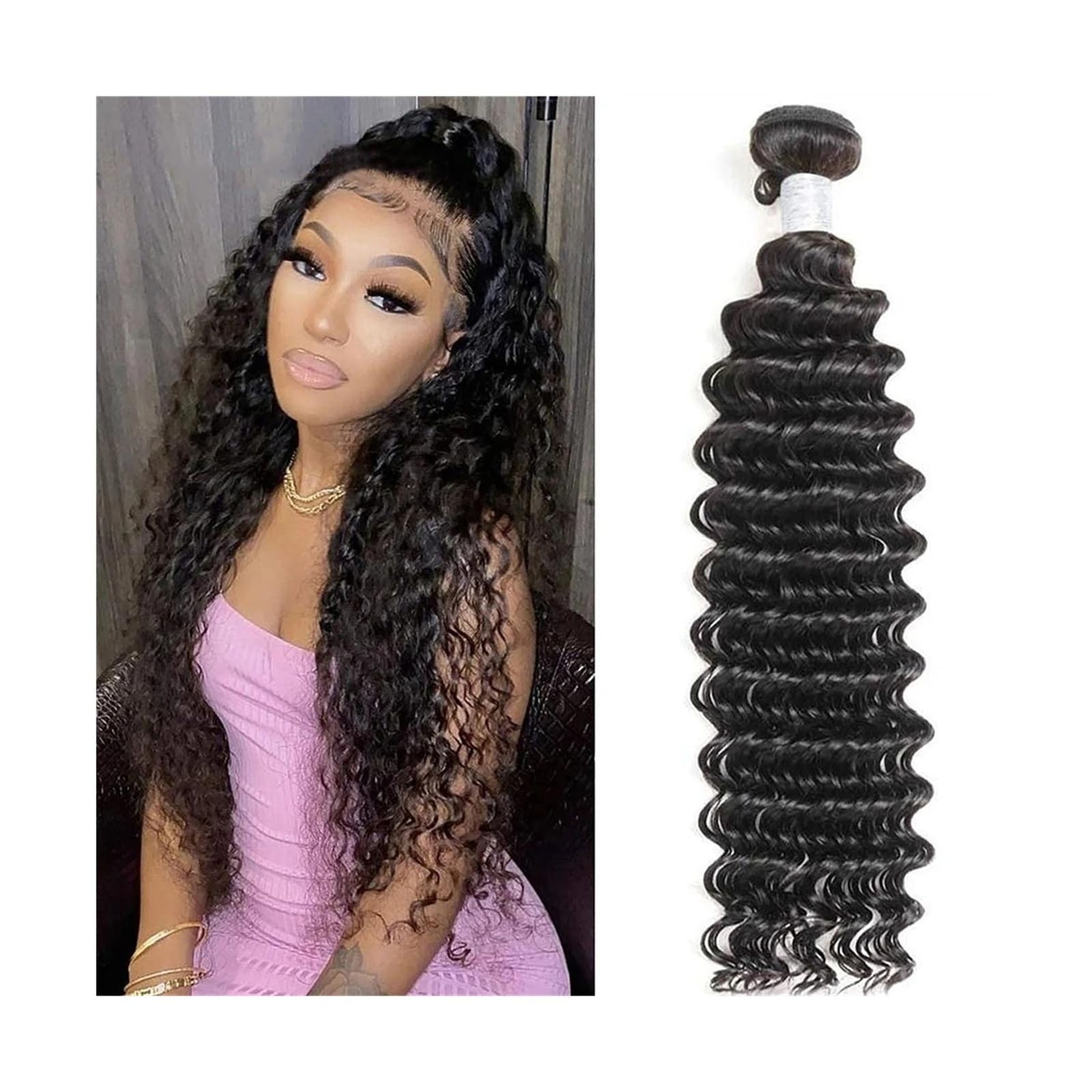 Bundles mit Verschluss Tiefes Wellen-Haarbündel, 20,3–101,6 cm, Einzelbündel, Echthaar-Webartbündel, natürliche Wellen, lockige brasilianische Remy-Haarverlängerungen for schwarze Frauen Hair Geflocht