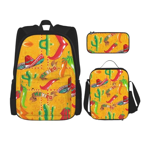 WURTON Schulrucksack mit Kaktushut und Chilischote, 3-in-1, Büchertaschenset mit Lunchbox, Federmäppchen, Reise, Laptop, Tagesrucksack