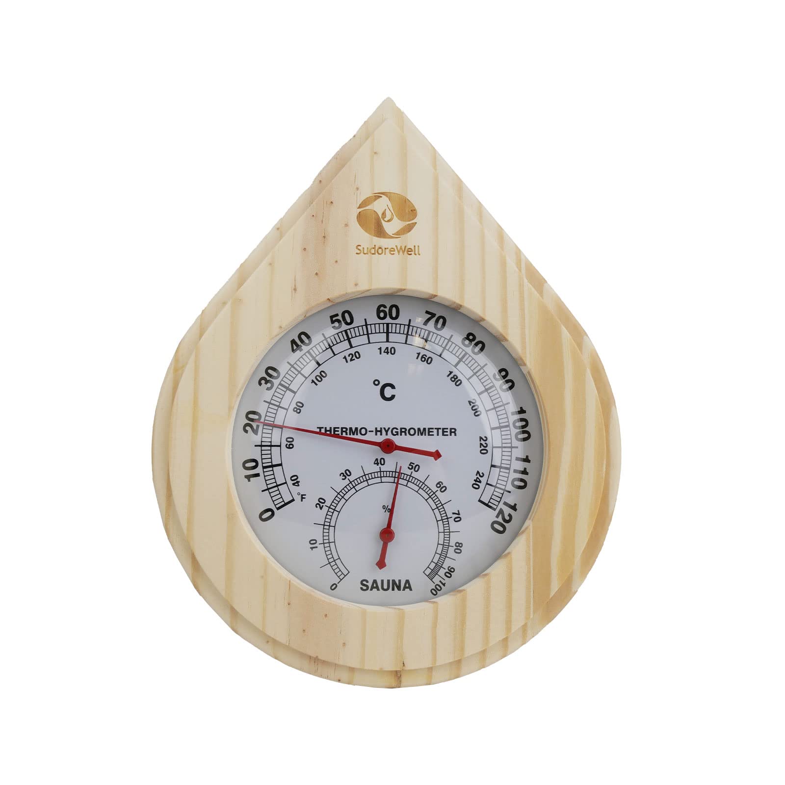 Sudorewell® Sauna Klimamesser Tropfen - Finnisches Sauna Thermometer + Hygrometer in Tropfenform-Design aus hellem Kiefernholz