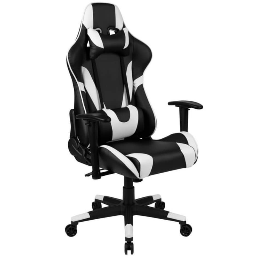 QYZUJIKL Gaming-Stuhl, ergonomischer Liegestuhl im Racing-Stil mit schwarz-weißer Massage-Lendenwirbelstütze, Bürosessel für Computer, PU-Leder, E-Sport-Gamer-Stühle mit einziehbarer Fußstütze